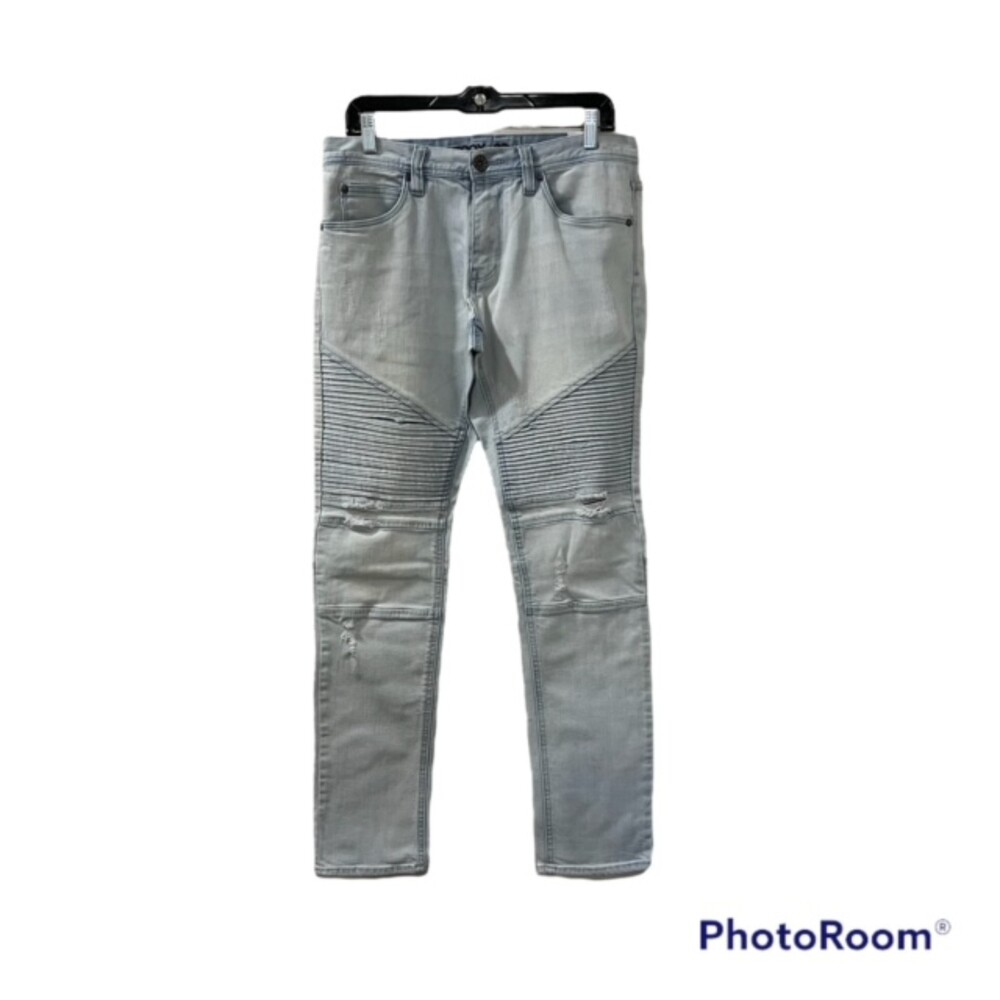 Decoy Zumiez Mens 33W Light Wash Distressed Moto Biker Skinny Stretch Jeans